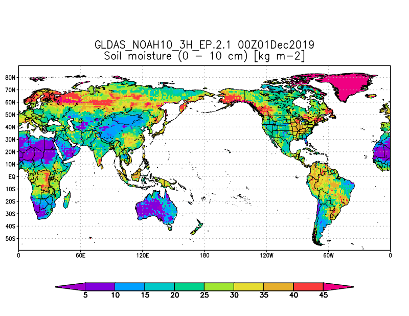 GLDAS-2.1 Noah 3-ourly 1.0 degree soil moisture (0-10 cm) [kg m-2] for 00Z Dec 01, 2019.