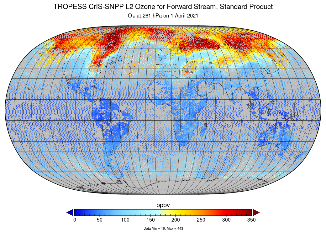 TROPESS CrIS-SNPP O3 (Forward Stream, Standard Product) at 261 hPa on 01 April 2021.